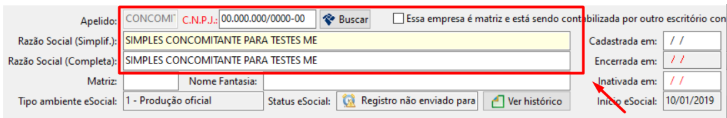 Cadastro de empresas no sistema Folha. Exibe campos para preenchimento de Apelido, Razão social, Matriz, Nome fantasia, Data de cadastro, etc.