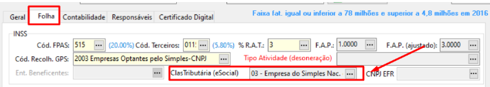 Aba Folha da tela de cadastro de empresas no sistema Folha. Possui campos para preenchimento dos dados de INSS, FGTS, informações de pagamento, etc.
