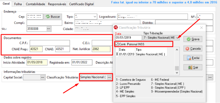 Aba Geral da tela de cadastro de empresas no sistema Folha. Exibe campo para preenchimento da Classificação tributária, data e tipo de tributação.
