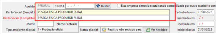 Cadastro de empresas no sistema Folha. Exibe campos para preenchimento de Apelido, Razão social, Matriz, Nome fantasia, Data de cadastro, etc.