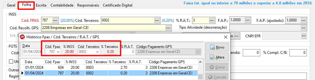 Aba Folha da tela de cadastro de empresas no sistema Folha. Possui campos para preenchimento dos dados de INSS, FGTS, informações de pagamento, etc.