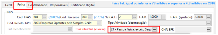 Aba Folha da tela de cadastro de empresas no sistema Folha. Possui campos para preenchimento dos dados de INSS, FGTS, informações de pagamento, etc.