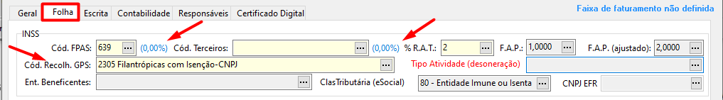 Aba Folha da tela de cadastro de empresas no sistema Folha. Possui campos para preenchimento dos dados do INSS com Cód. FPAS, Cód. terceiros, %RAT, FAP, FAP ajustado, etc.