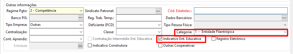 Aba Folha da tela de cadastro de empresas no sistema Folha. Possui campos para preenchimento de Outras informações como regime de pagamento, banco, sindicato, categoria, tipo de empresa, etc.