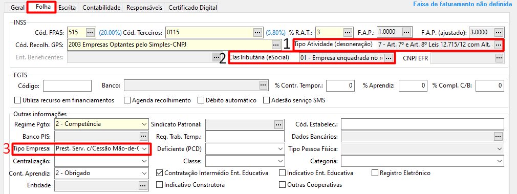 Aba Folha da tela de cadastro de empresas no sistema Folha. Possui campos para preenchimento dos dados de INSS, FGTS, informações de pagamento, etc.