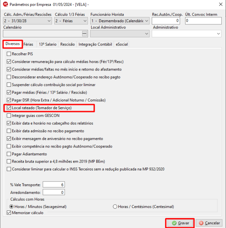 Aba Diversos da tela de Parâmetros por empresa, destaca o checkbox Local rateado (tomador de serviço).
