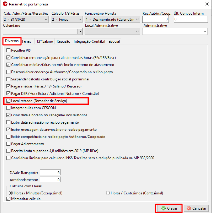 Aba Diversos da tela de Parâmetros por empresa, destaca o checkbox Local rateado (tomador de serviço).