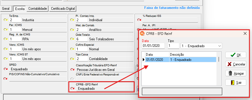Aba Escrita da tela de cadastro da empresa no sistema G5. Destaca-se o campo CPRN - EFD Reinf.