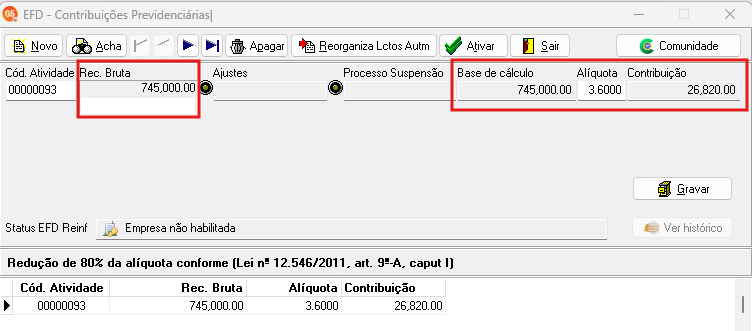 Tela de lançamentos de escrituturação fiscal destacando os campos receita bruta, base de cálculo, alíquota e contribuição.