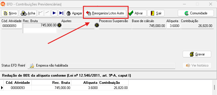 Tela de lançamentos de escrituturação fiscal destacando o botão Reorganiza Lctos Autm.
