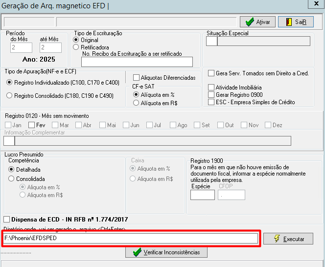 Tela de geração de arquivo magnético exibindo o diretório de armazenamento.
