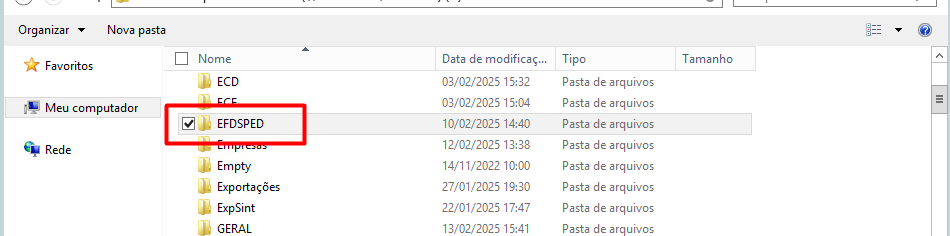 Pasta EFDSPED, dentro da pasta Phoenix, dentro do diretório F:\ do Windows.