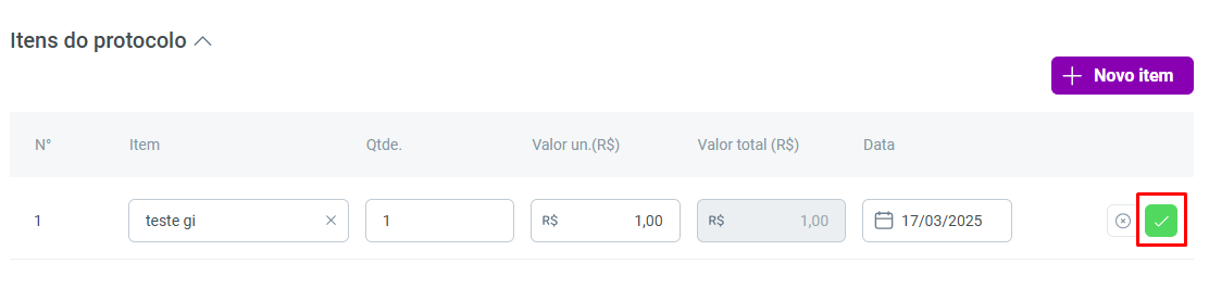 Cadastro de Itens do sistema Gestão do Escritório. Possui campos referente ao Nº, Item, Quantidade, Valores e Data.