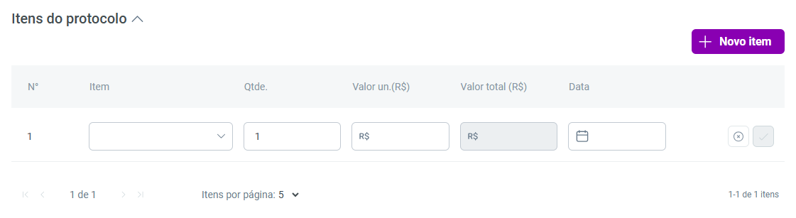 Cadastro de Itens do sistema Gestão do Escritório. Possui campos referente ao Nº, Item, Quantidade, Valores e Data.