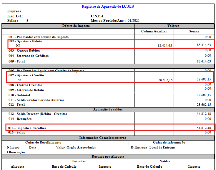 Documento gerado pela impressão da apuração do ICMS no sistema G5.