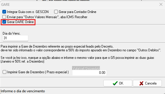 Tela de emissão da Guia de recolhimento destacando o checkbox Gera DARE online.
