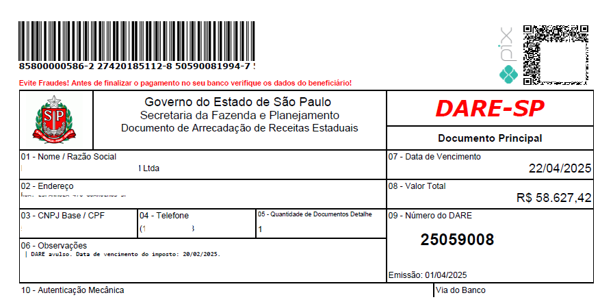 Documento da DARE gerada após configurações no sistema G5.