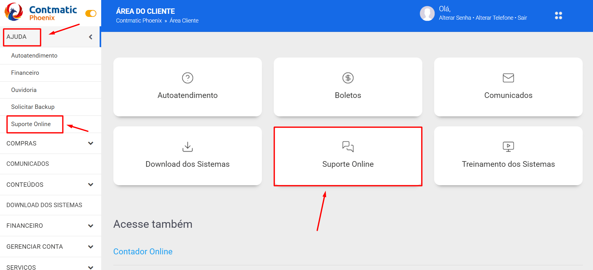 Tela do Connectcont destacando o menu Ajuda para abertura de tickets para o suporte técnico.