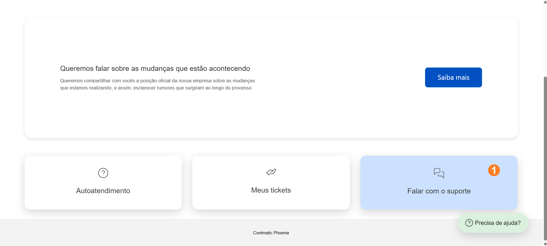Botão Falar com o suporte para realizar a abertura de tickets.