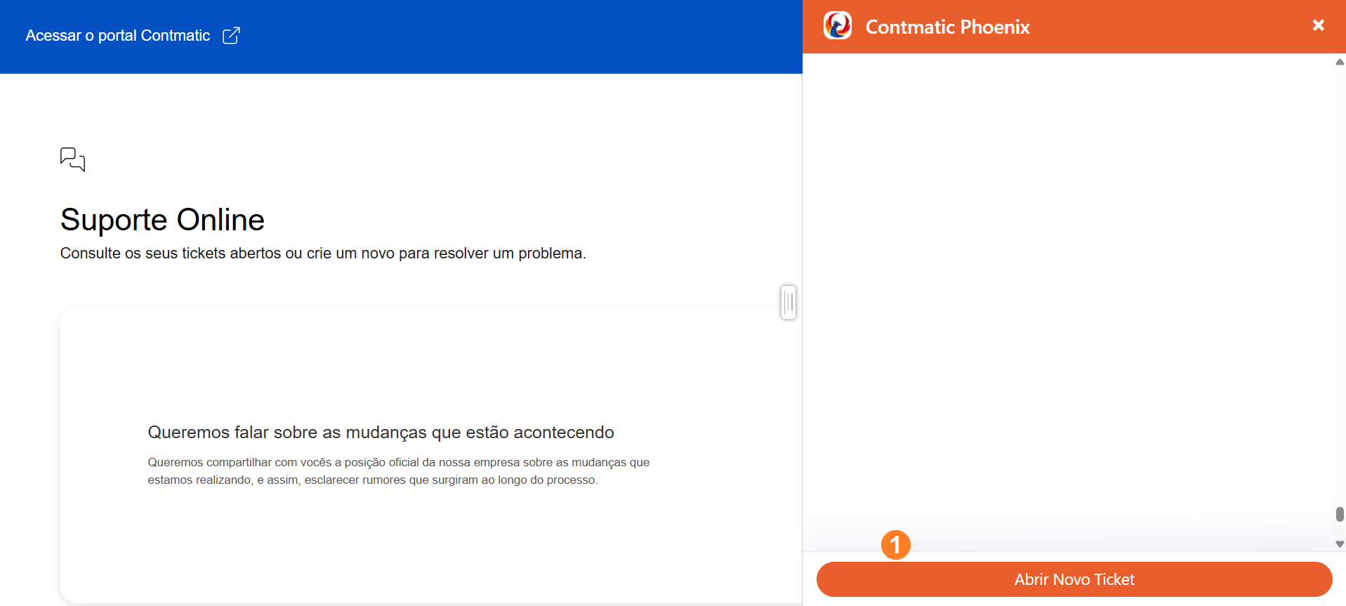 Chat online exibindo o botão Abrir novo ticket.
