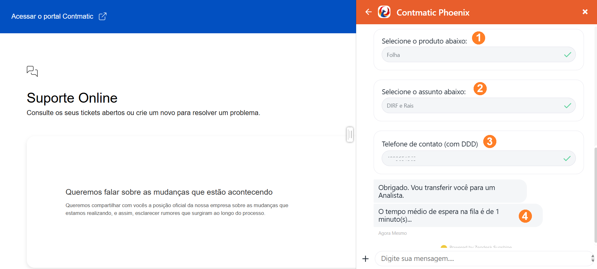 Exibe o Chat online destacando os campos para seleção do produto, assunto e telefone de contato.