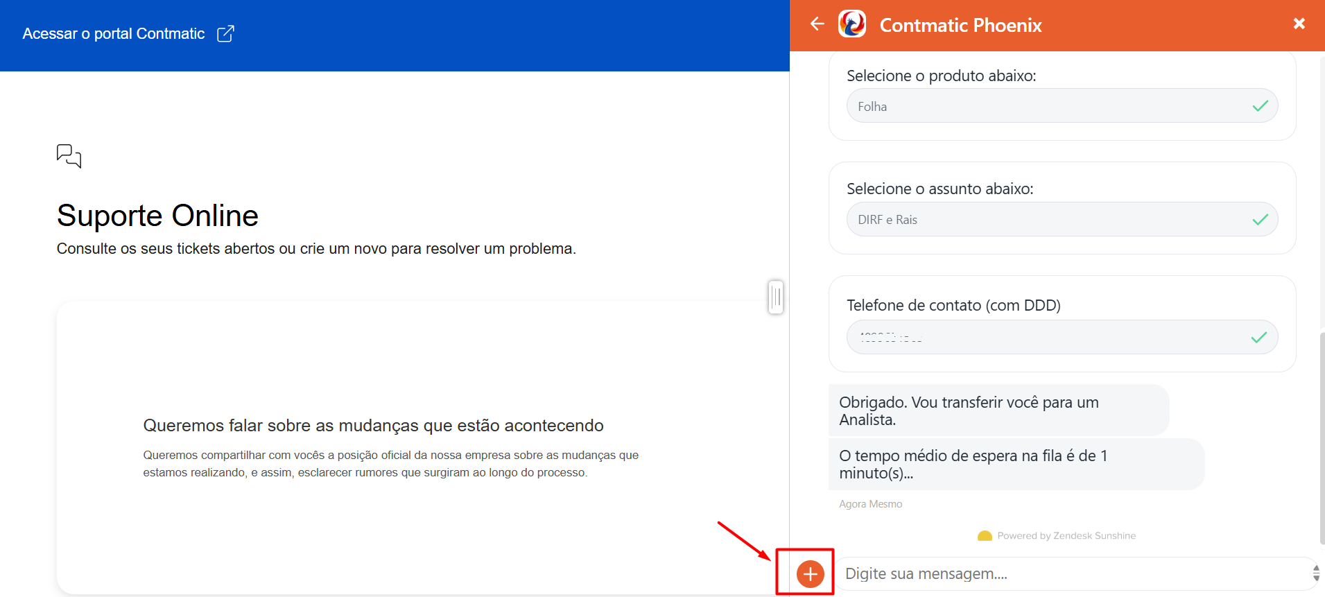 Botão (+) para o envio de anexos através do Chat online.