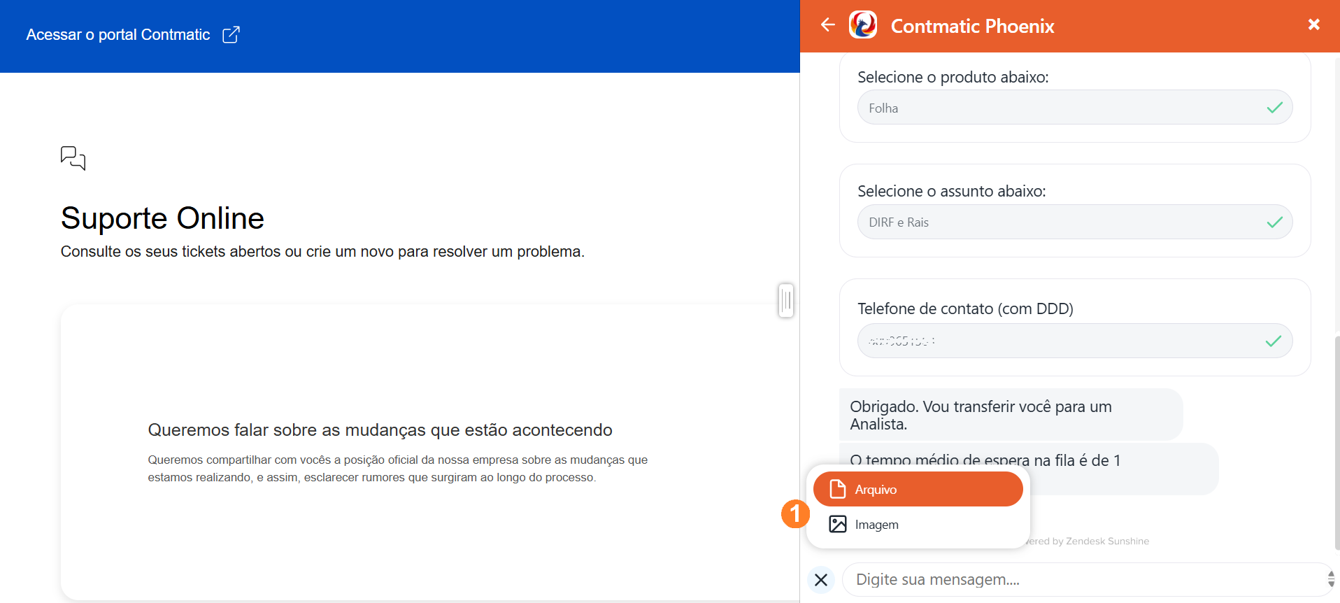 Opções Arquivos e Imagens permitidas para envio ao analista de atendimento.