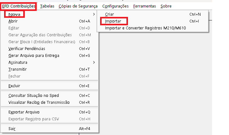 Menu EFD Contribuições → Nova → Importar para realizar uma nova importação da EFD Contribuições.