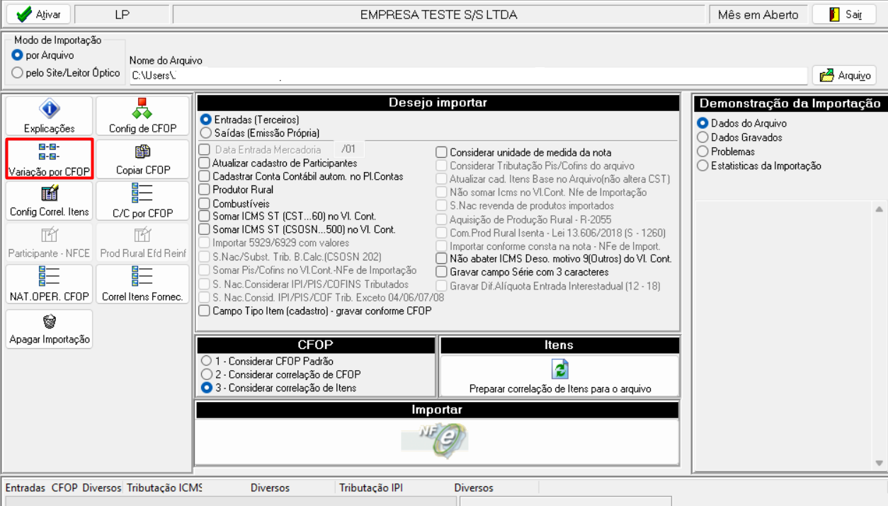 Tela de importação de NFe no sistema G5 com destaque para o botão Variação por CFOP.
