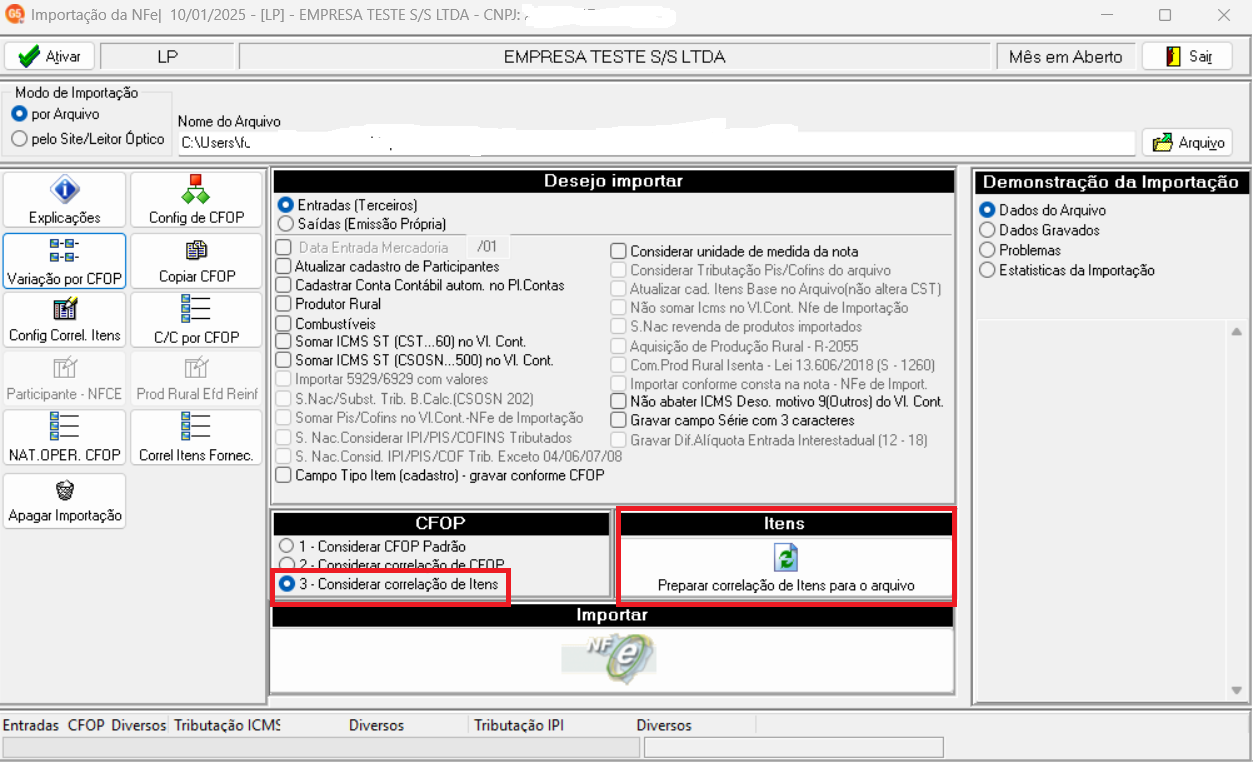 Quadro Itens da tela de importação da NFe. Exibe o botão Preparar correlação de itens para o arquivo.