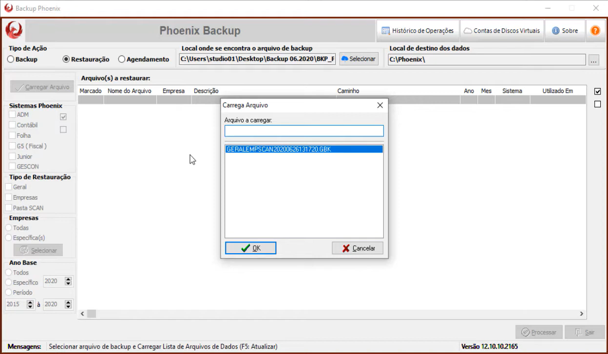 Exibe push para seleção do arquivo de backup.