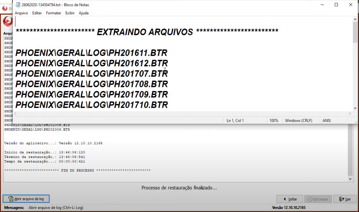 Log de restauração de backup.