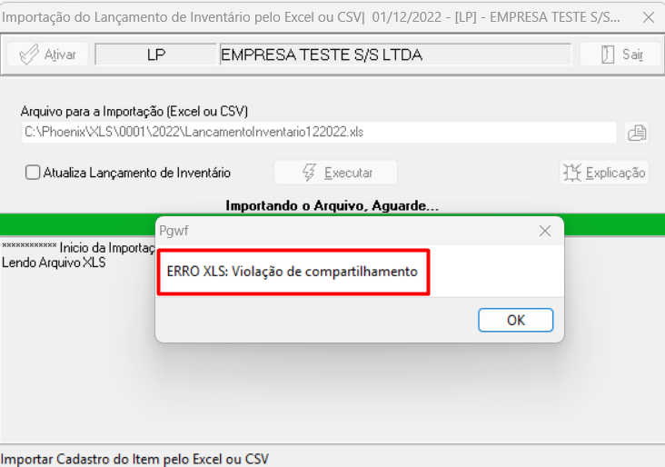 Tela de importação do lançamento do inventário exibindo mensagem de erro ao importar planilha.