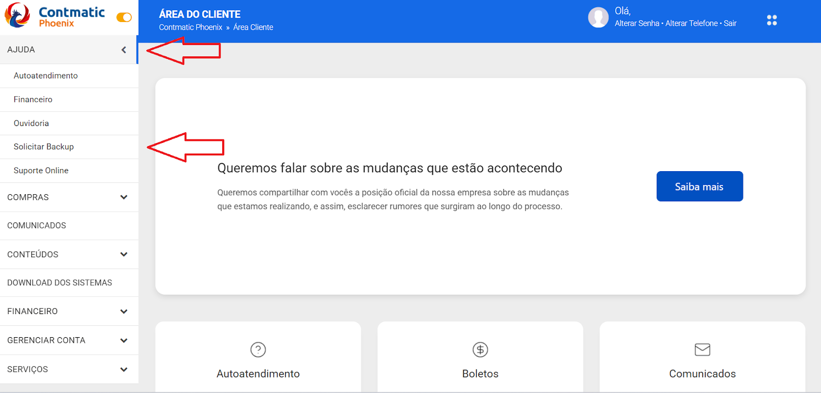 Tela do Connectcont destacando o menu Ajuda para abertura de tickets para a solicitação de backup.