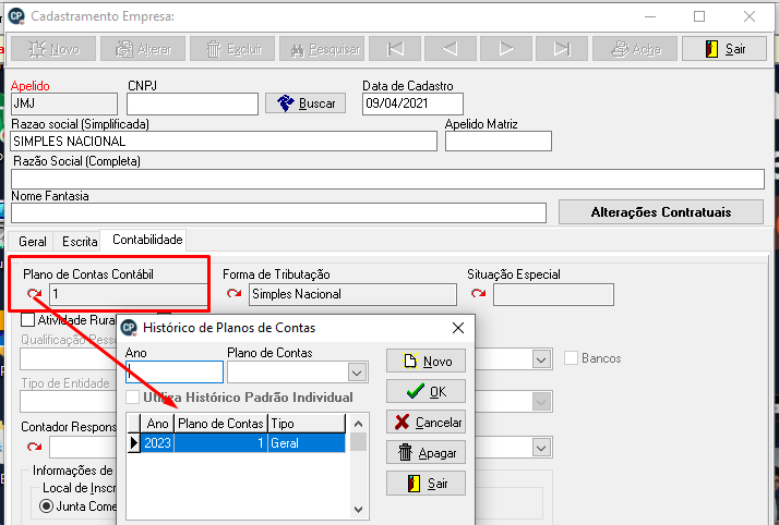 Tela de cadastro de empresa no sistema Contábil. Destaca-se o campo Plano de contas contábil e seu histórico.