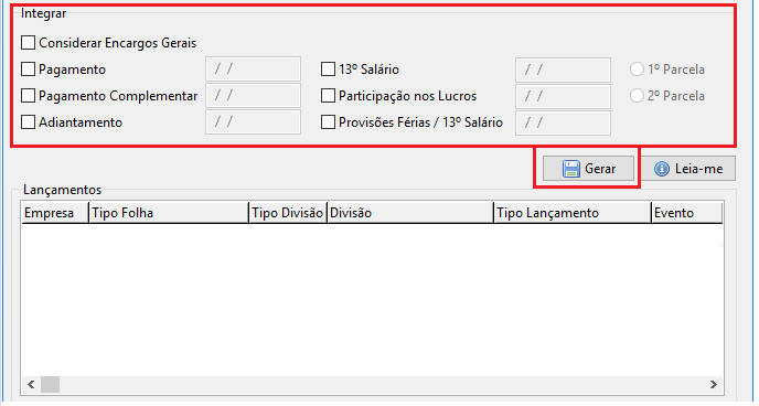 Quadro Integrar com opções referente às integrações. Possui os botões Gerar e Leia-me.
