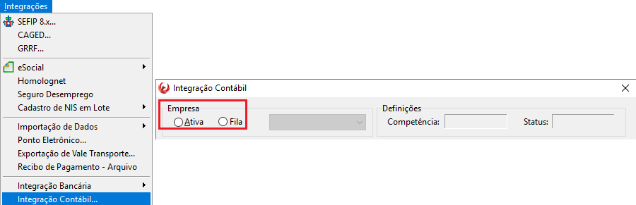 Menu Integrações do sistema Folha. Destacam-se a opção Integração contábil e o quadro Empresa com as opções Ativa e Fila.
