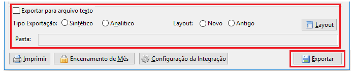 Opções de exportação para arquivo texto. Permite escolher entre os Tipos de exportação Sintético e Analítico e entre os Layouts Novo e Antigo.