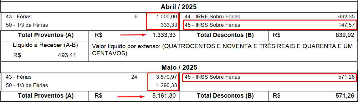 Folha de pagamento de um funcionário-exemplo destacando os descontos referentes ao INSS sobre férias.