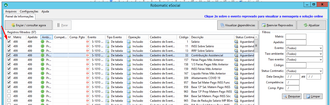 Tela do Robomatic eSocial destacando os checkbox de seleção de eventos em bloco.