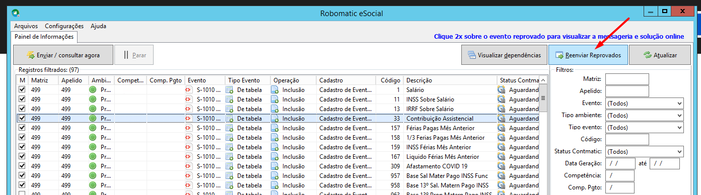 Tela do Robomatic eSocial destacando o botão Reenviar reprovados.