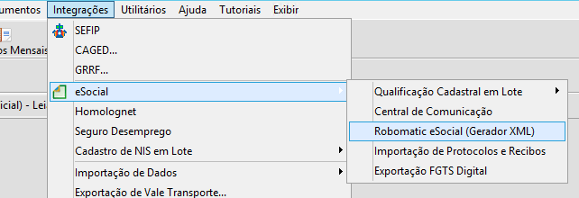 Menu Integrações do sistema Folha.