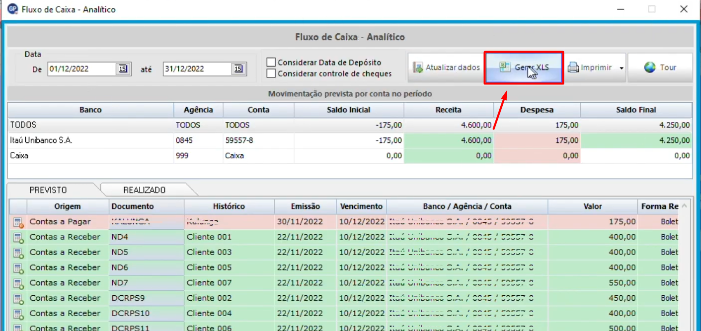 Módulo fluxo de caixa analítico do sistema Gescon, com destaque para o botão Gerar XLS, que permite exportar os dados para planilha Excel. Mostra filtros por data, opção de considerar data de depósito e controle de cheques, além das abas Previsto e Realizado com a movimentação financeira detalhada por origem, documento, cliente, valores e forma de recebimento.