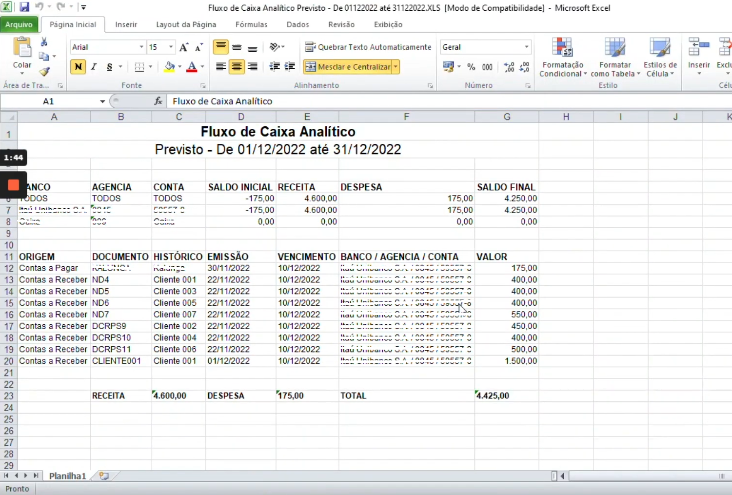 Captura de tela do relatório de fluxo de caixa analítico previsto, gerado em Excel pelo sistema Gescon, exibindo dados financeiros de 01/12/2022 a 31/12/2022, com colunas de banco, agência, conta, saldo inicial, receita, despesa, saldo final e detalhes por documento e cliente.