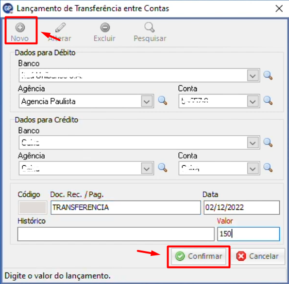 Tela do sistema Gescon exibindo o módulo Lançamento de transferência entre contas, com destaque para os botões Novo e Confirmar, onde são preenchidos dados bancários de débito e crédito, valor da transferência e data da operação.