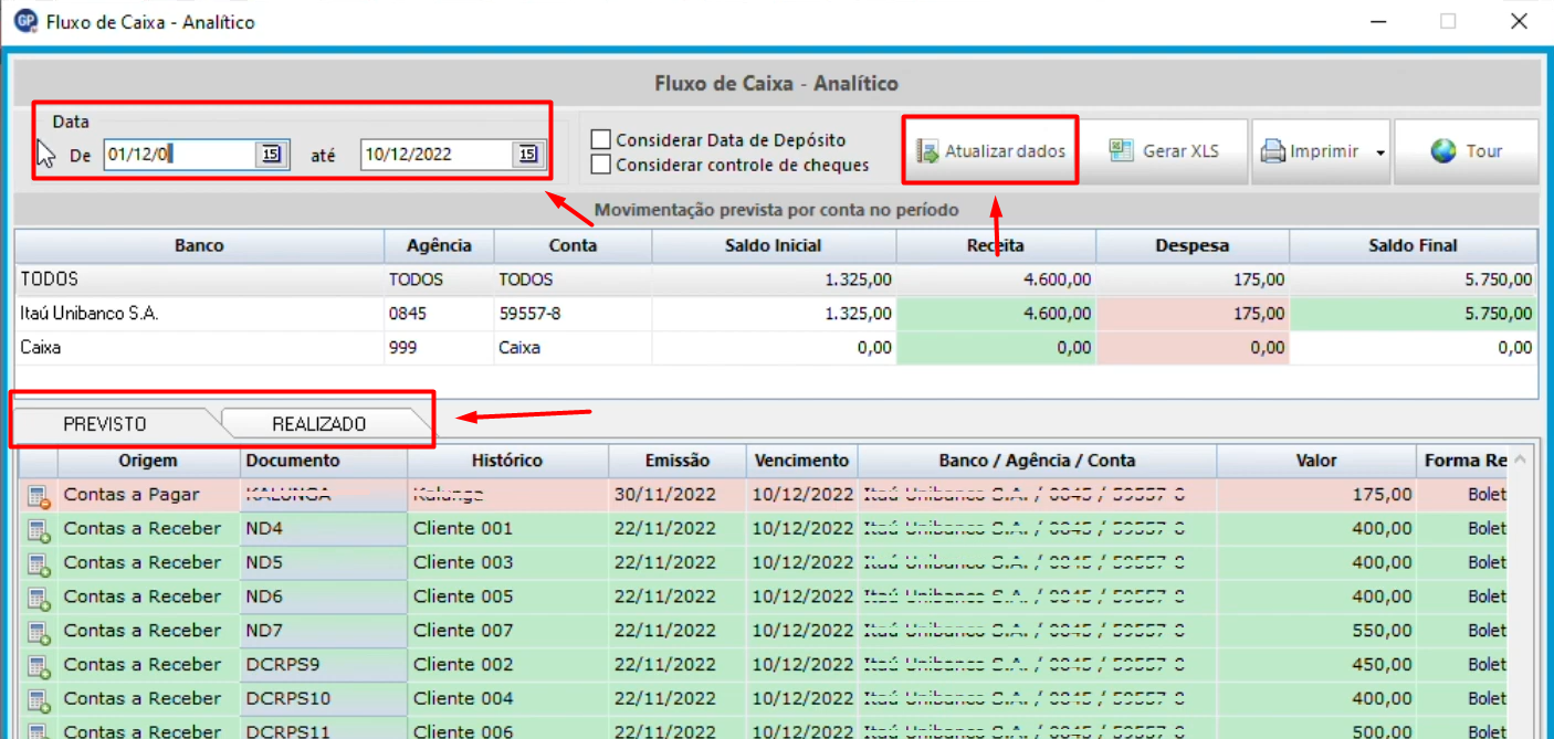 Módulo fluxo de caixa analítico do sistema Gescon, destacando os campos de filtro de datas, opções de considerar depósitos e cheques, botão Atualizar dados, abas Previsto e Realizado, além de tabela com movimentações financeiras previstas e realizadas por banco, agência, conta e histórico.