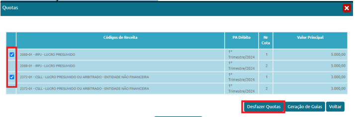 Sistema da Receita Federal destacando o botão Desfazer quotas.