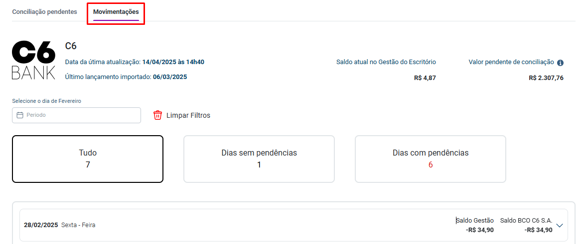 Aba Movimentações do sistema Gestão do Escritório. Exibe um lançamento importado referente ao C6 Bank permitindo a seleção por período e exibindo os dias com e sem pendências.