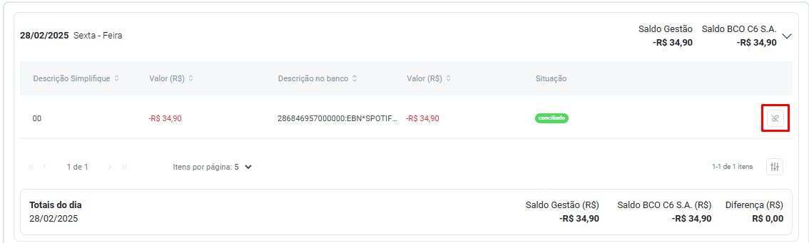 Aba Movimentações do sistema Gestão do Escritório. Exibe um lançamento importado referente ao C6 Bank permitindo a exibindo os valores das pendências.