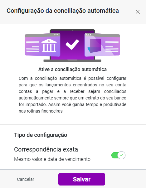 Tela de Configuração da conciliação automática do sistema Gestão do Escritório. Abaixo estão disponíveis os botões Salvar e Cancelar.